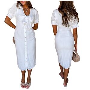 Miou Muse Button Front Woven Fabric Puff Short Sleeve Midi White Summer Dress